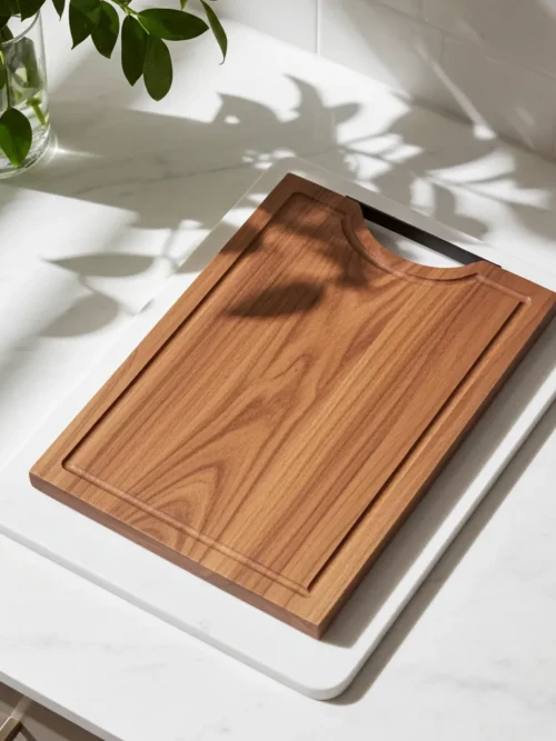 Heavy-duty acacia butcher block featuring black powder-coated metal handle