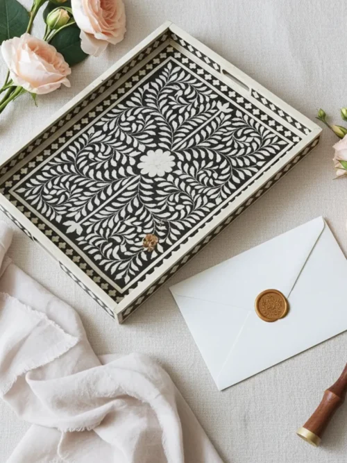 Black Floral Bone Inlay Tray – Razvi Exports