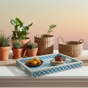Bone inlay diamond lattice tray placed on a kitchen counter with a glass of water