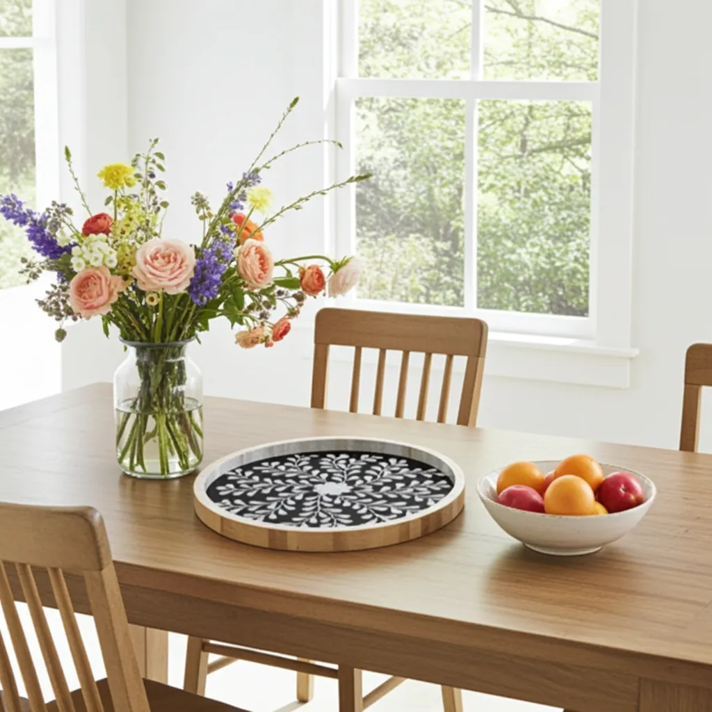 Round bone inlay tray featuring intricate floral vine pattern