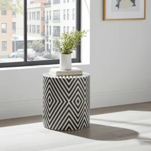Decorative round stool crafted with bone inlay design
