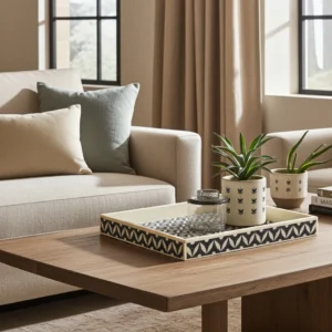 Bone inlay tray with black and white leaf motif