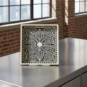 Handmade bone inlay serving tray in black with floral design