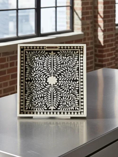Black Floral Bone Inlay Tray – Razvi Exports