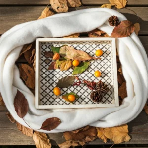 Decorative bone inlay tray featuring black and white Moroccan diamond design