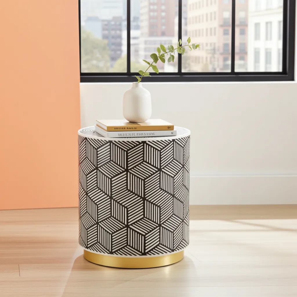 Bone inlay lamp table 14x14x18 in black and white with hexagon cube optical illusion pattern