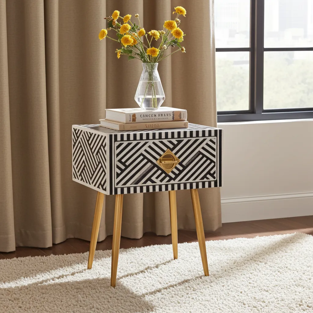 Bone inlay nightstand with drawer in black and white, size 14x12x18