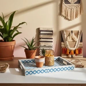 Decorative bone inlay tray featuring geometric diamond lattice in blue and white
