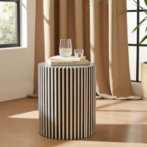 Handcrafted bone inlay side table featuring black and white vertical stripes