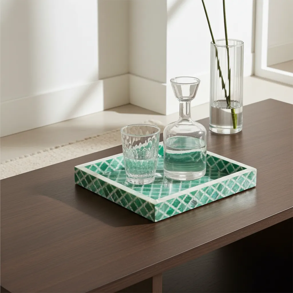 Handmade bone inlay serving tray featuring diamond lattice design