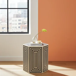 Handmade bone inlay bedside table with intricate floral pattern