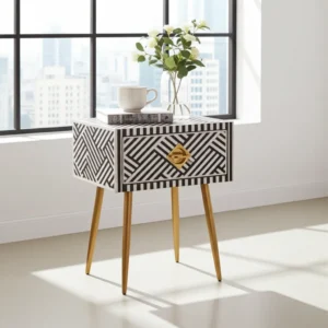 Handcrafted black and white bone inlay bedside table featuring a storage drawer