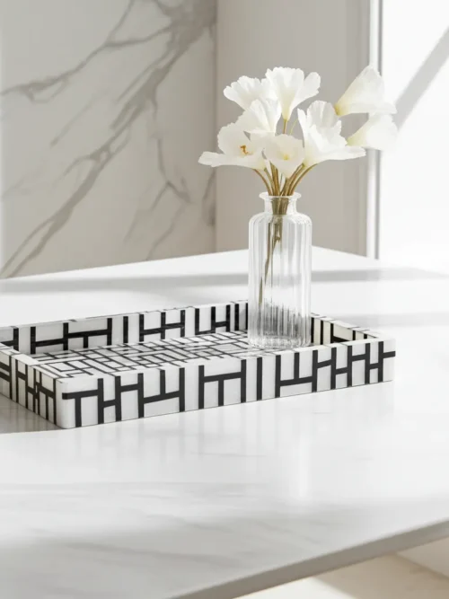 Handmade bone inlay tray featuring abstract grid linework in black and white