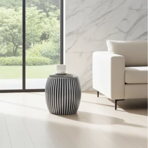 Handcrafted bone inlay barrel table featuring black and white striped pattern