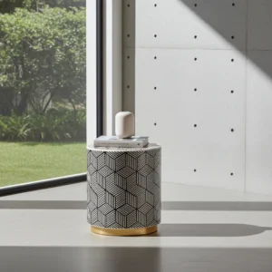 Handcrafted bone inlay lamp table featuring 3D hexagon cube design in black and white