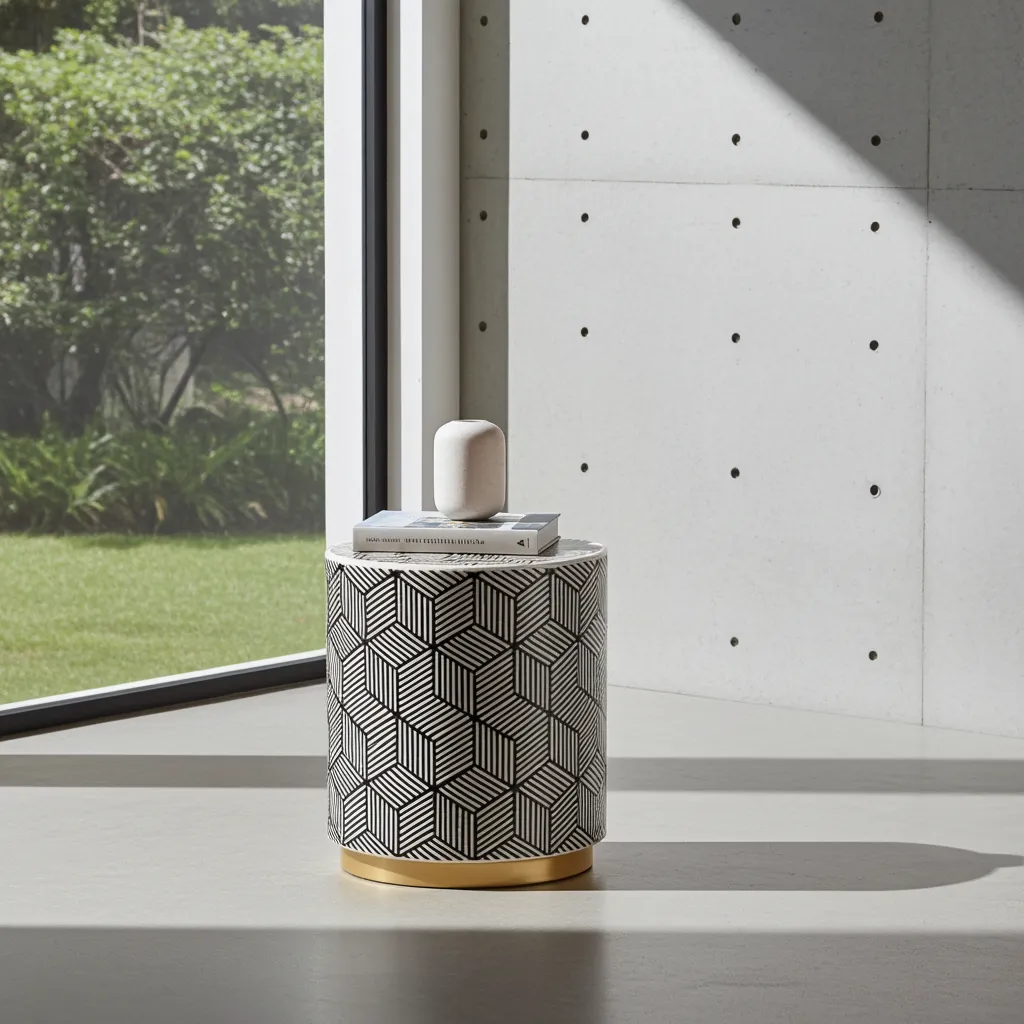 Handcrafted bone inlay lamp table featuring 3D hexagon cube design in black and white