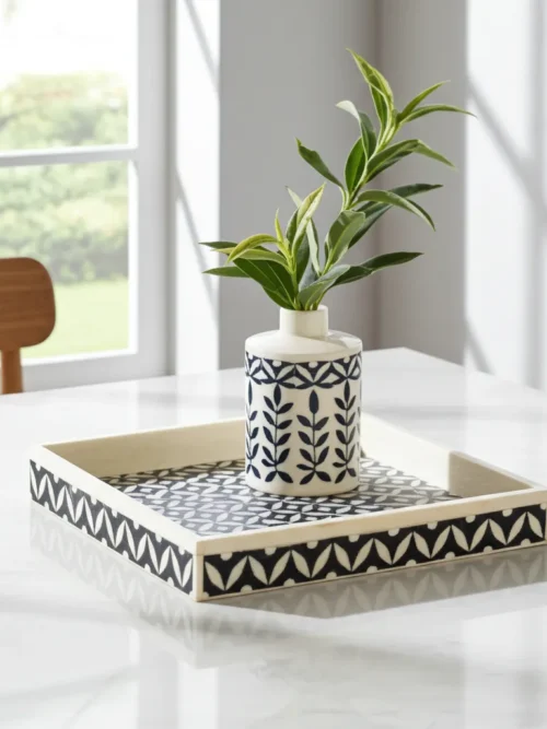 Artisan vine leaf motif bone inlay tray used as a decorative centerpiece