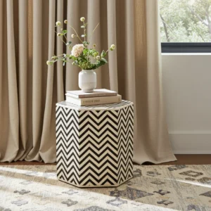 Bone inlay nightstand 14x14x18 in white and black with zig-zag pattern