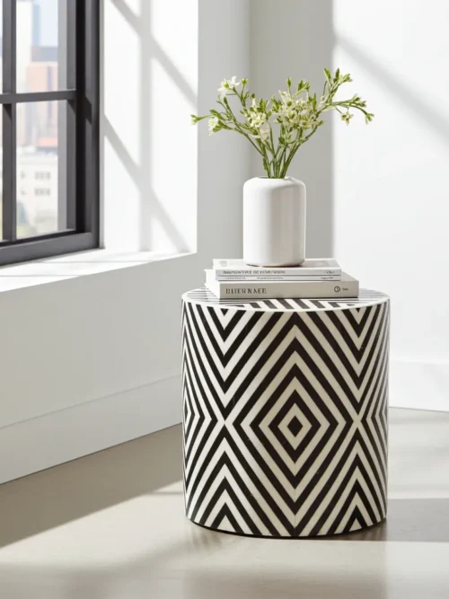 Bone inlay round stool handcrafted by skilled Indian artisans