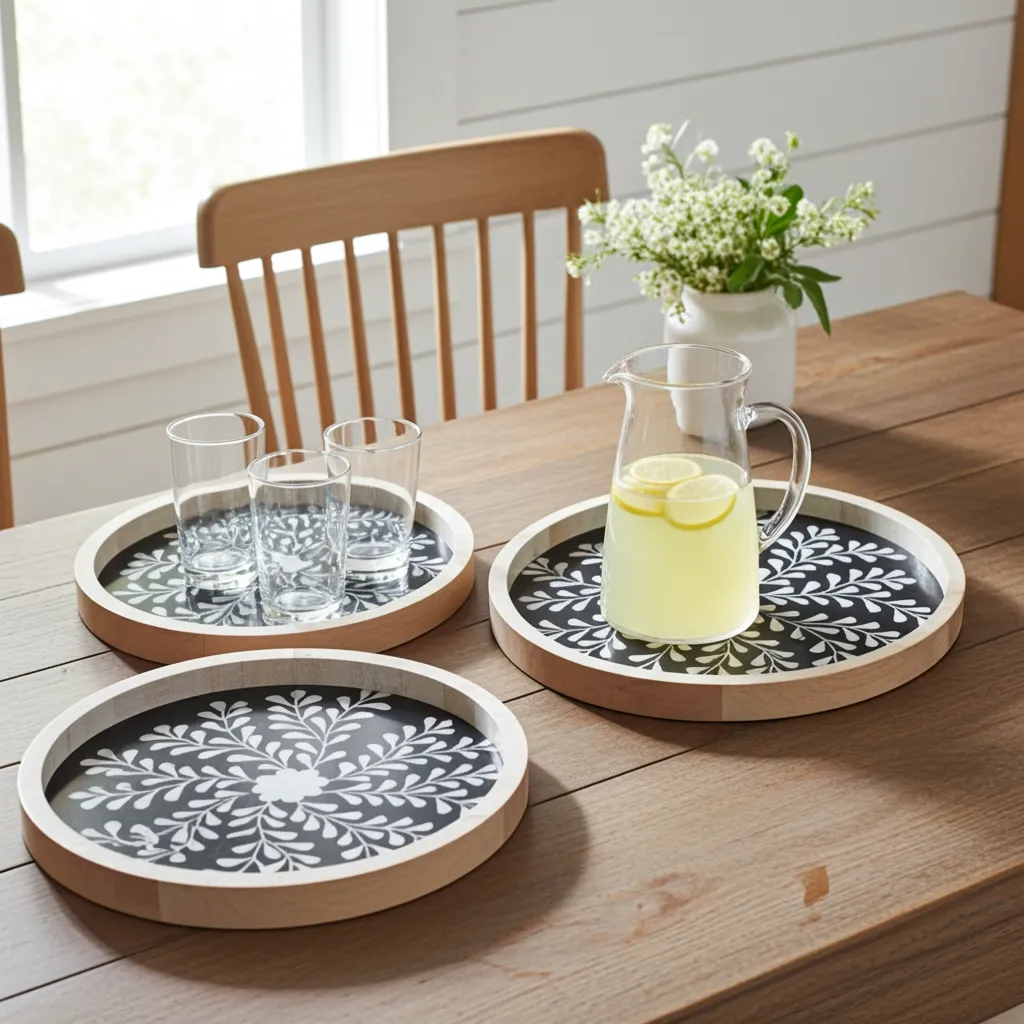 Handcrafted bone inlay floral vine tray in round shape