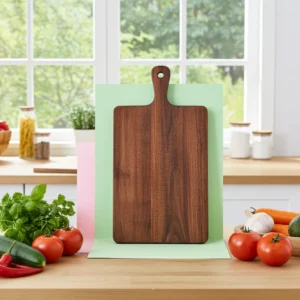Durable 16x8 walnut chopping board with easy-grip handle and dark finish