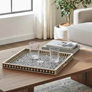 Artisan black bone inlay tray featuring intricate floral motif