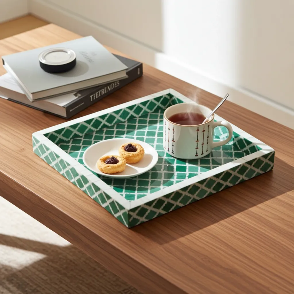 Diamond lattice bone inlay tray handcrafted with intricate pattern