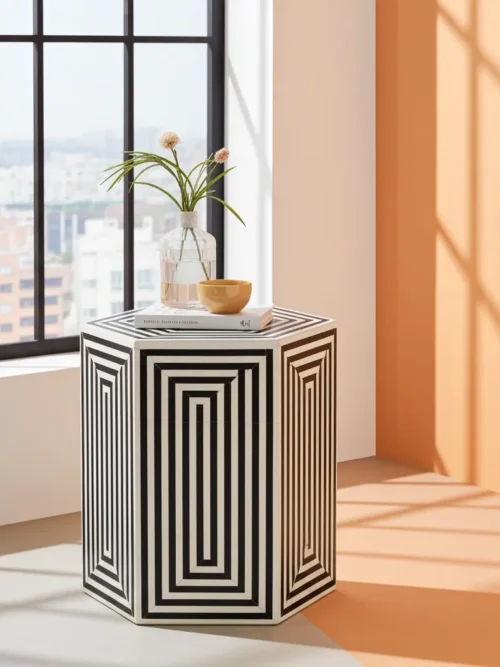 Bone inlay bedside table handcrafted by skilled Indian artisans