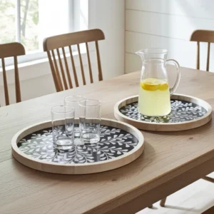 Artisan round tray with detailed bone inlay floral vine design