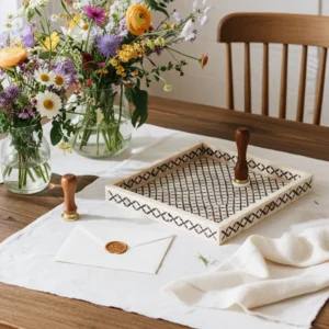 Handmade Moroccan motif bone inlay tray styled with succulents and sunlight