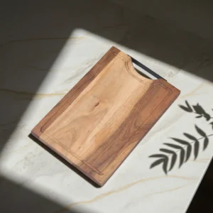 Handcrafted acacia wood butcher block with durable metal handle