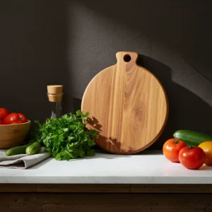 Handcrafted acacia wood chopping board showcasing natural grain pattern