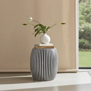 Black and white bone inlay lamp table with barrel-style striped design