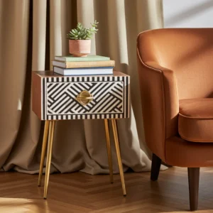 Black and white bone inlay nightstand crafted with drawer and detailed inlay work