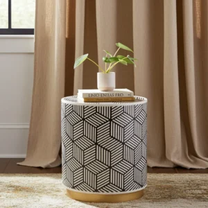 Black and white bone inlay lamp table with hexagon optical illusion artwork