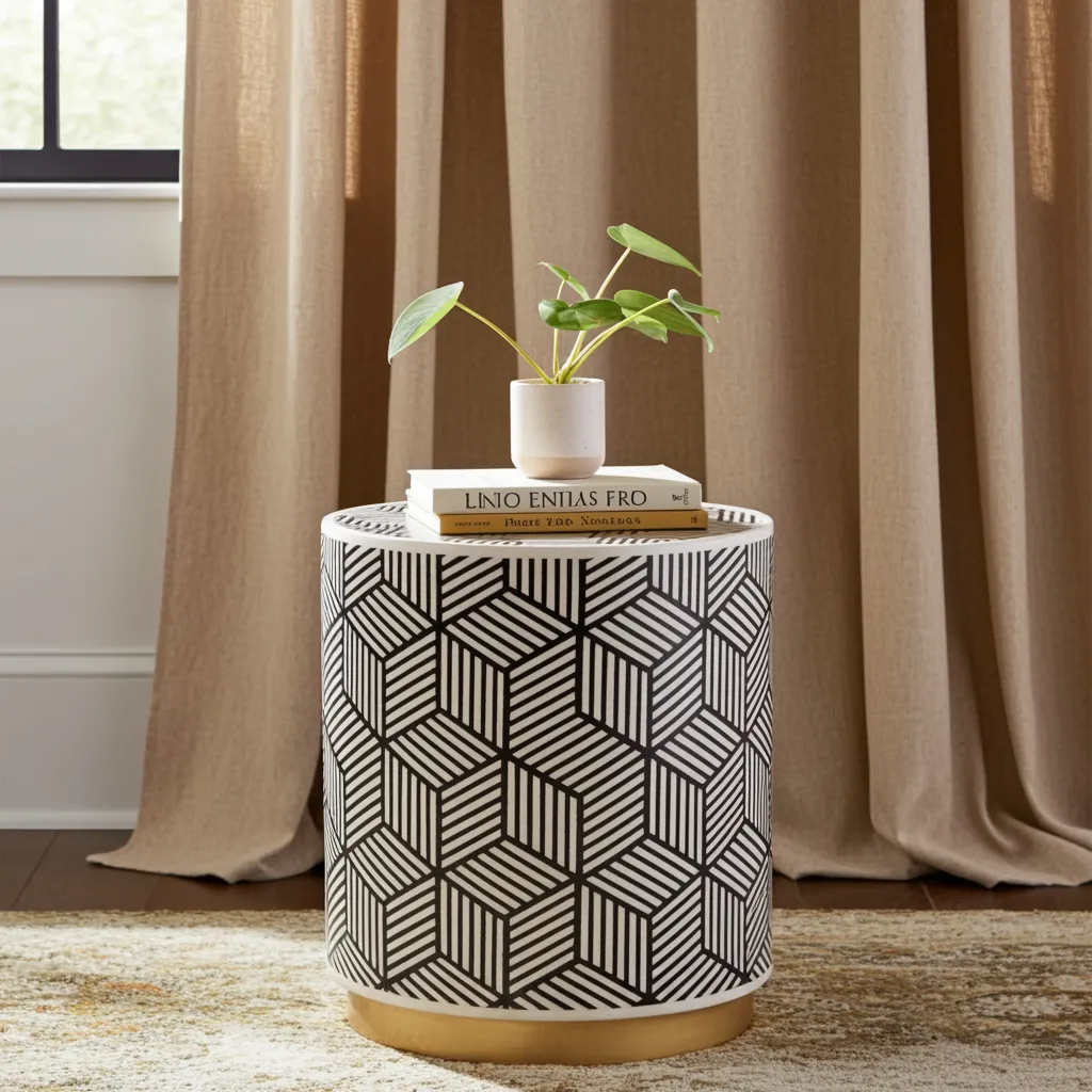 Black and white bone inlay lamp table with hexagon optical illusion artwork