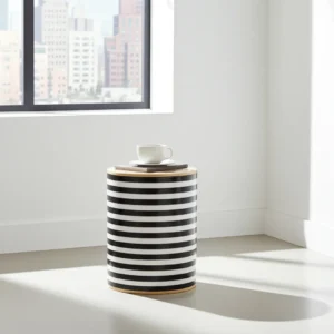 White and black bone inlay decorative stool with striped design