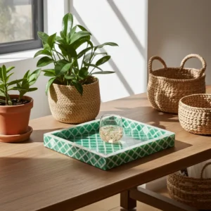 Artisan decorative tray with bone inlay diamond lattice motif