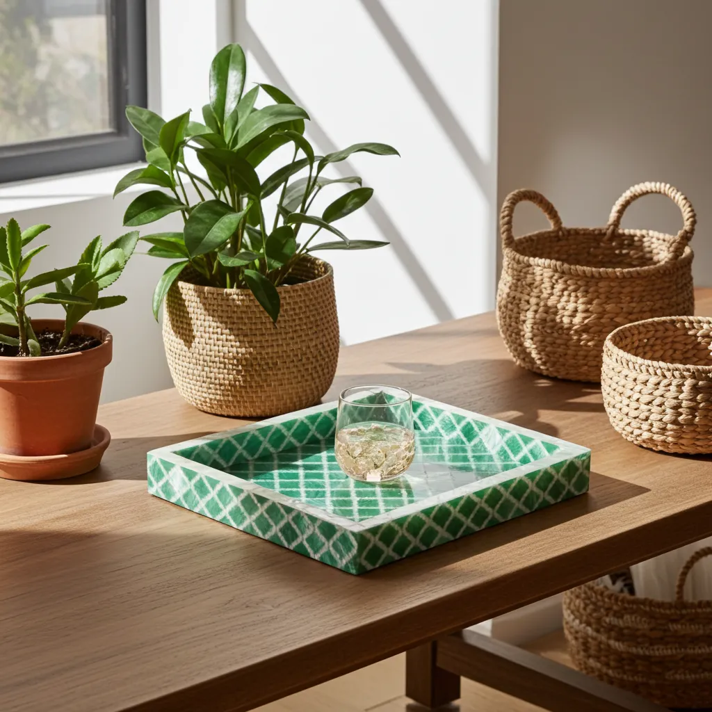 Artisan decorative tray with bone inlay diamond lattice motif