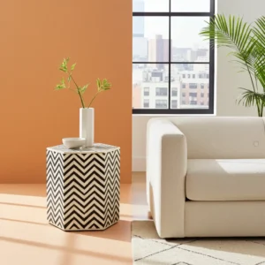 Handcrafted bone inlay bedside table featuring white and black zig-zag design