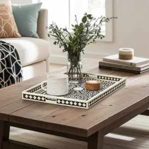 Decorative bone inlay tray with black floral artwork