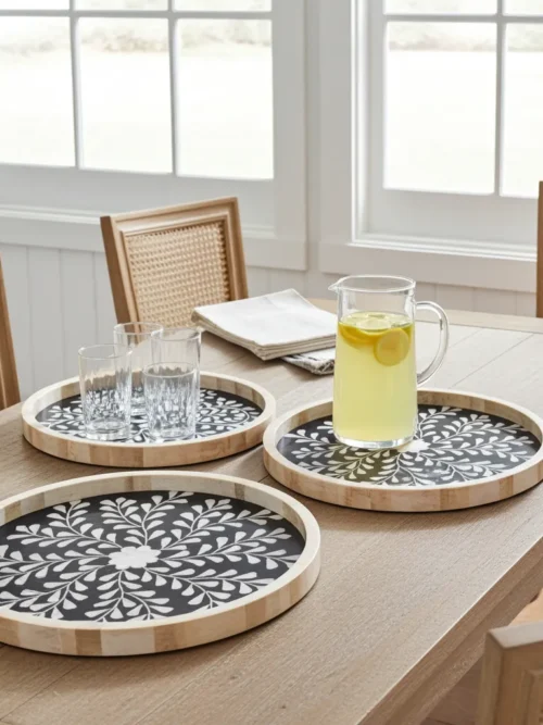 Decorative bone inlay round tray showcasing floral vine artwork