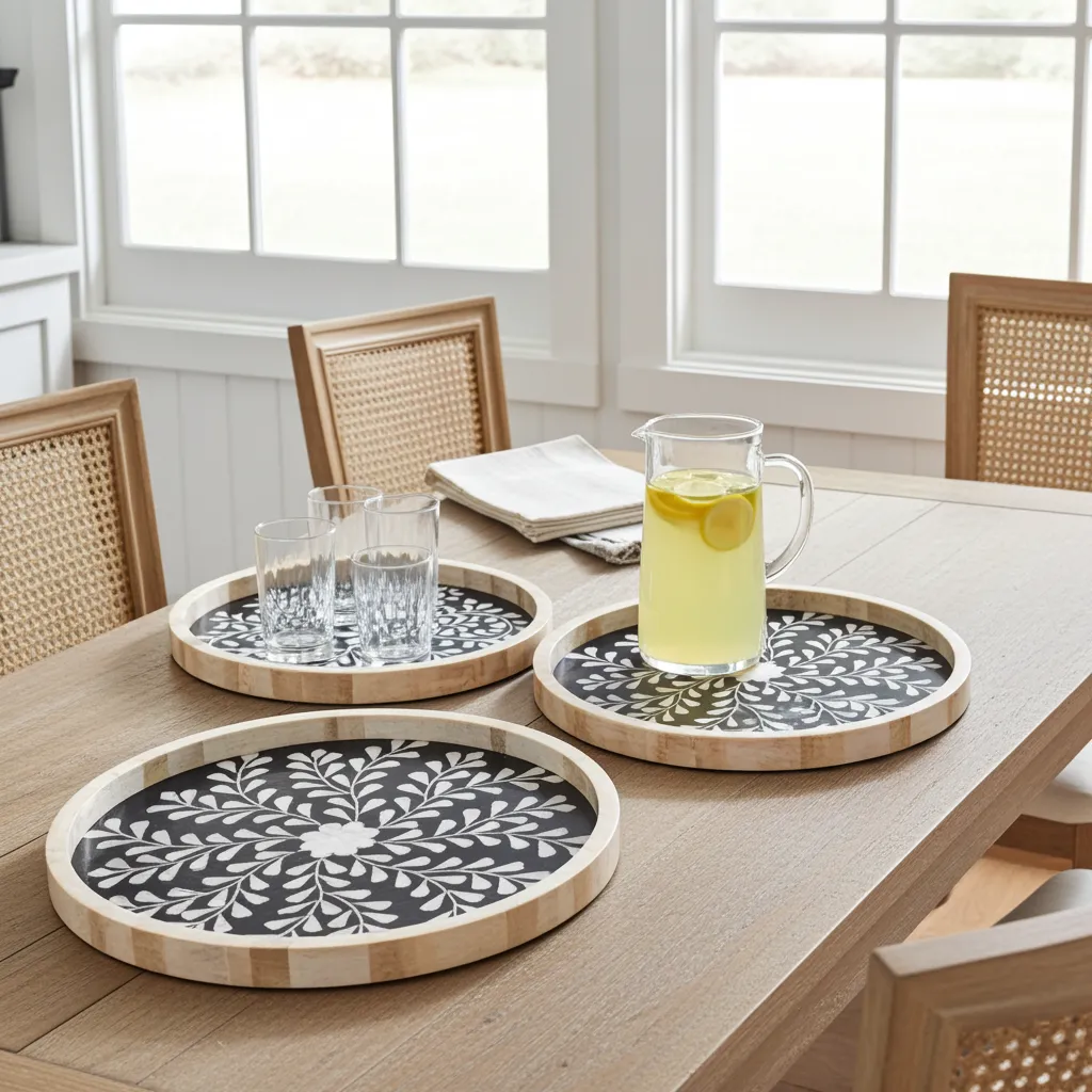 Decorative bone inlay round tray showcasing floral vine artwork