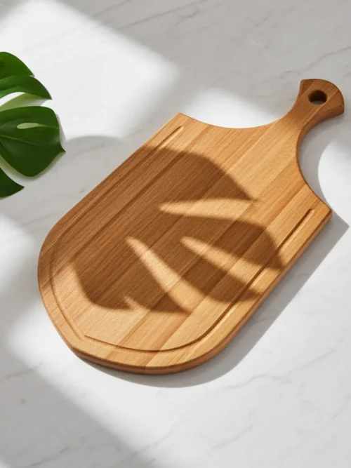Handcrafted teak wooden cutting board featuring easy-grip handle