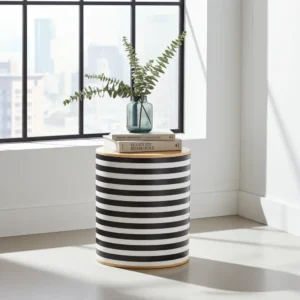 Handcrafted bone inlay stool featuring black and white horizontal stripes