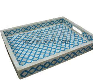 Bone Inlay Tray with Handle Blue and White Perfect for B2B