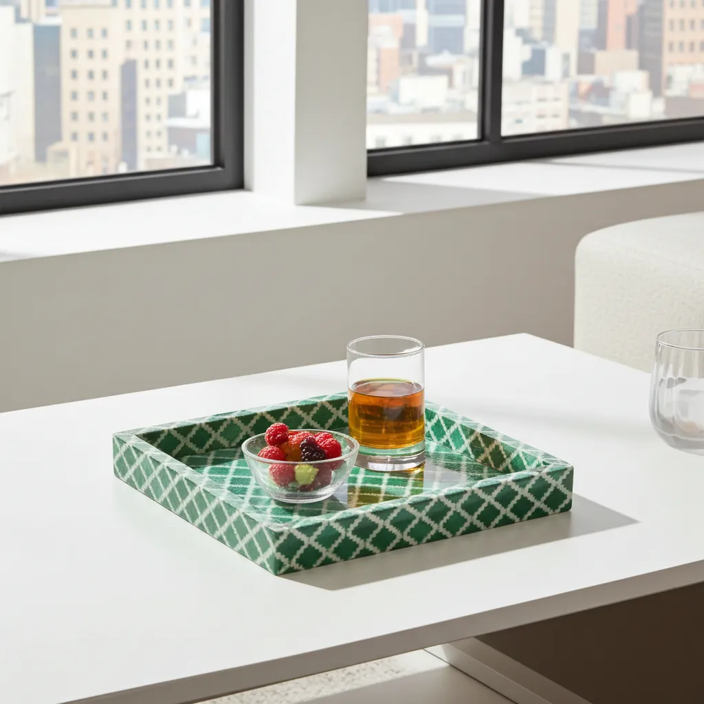 Bone inlay accent tray showcasing detailed diamond lattice artwork