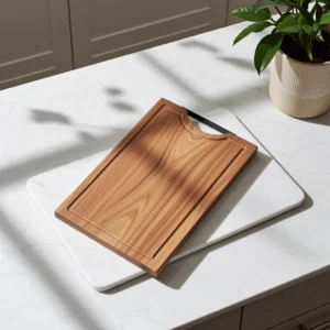 Acacia wooden butcher block 14x12 with powder-coated metal handle