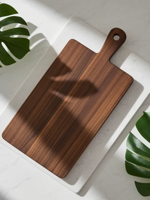 Walnut wood chopping board with handle in 16x8 inch size and dark brown color