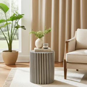 Artisan bone inlay accent table in vertical stripe pattern, 14x14x18 size